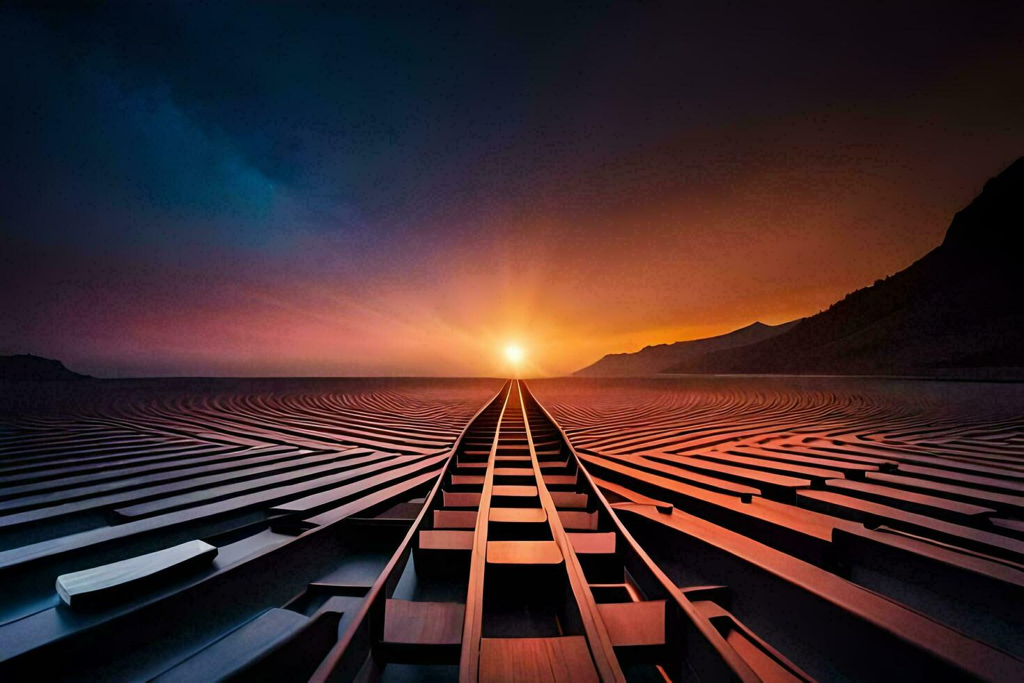 the sun is setting over a long, empty road. AI-Generated photo