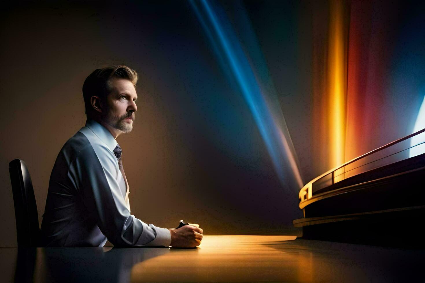 a man sitting at a desk with a light shining on him. AI-Generated photo