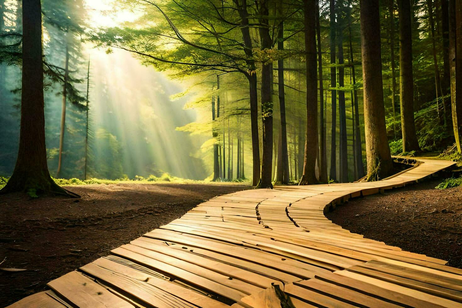 a wooden path in the forest with sunlight shining through the trees. AI-Generated photo