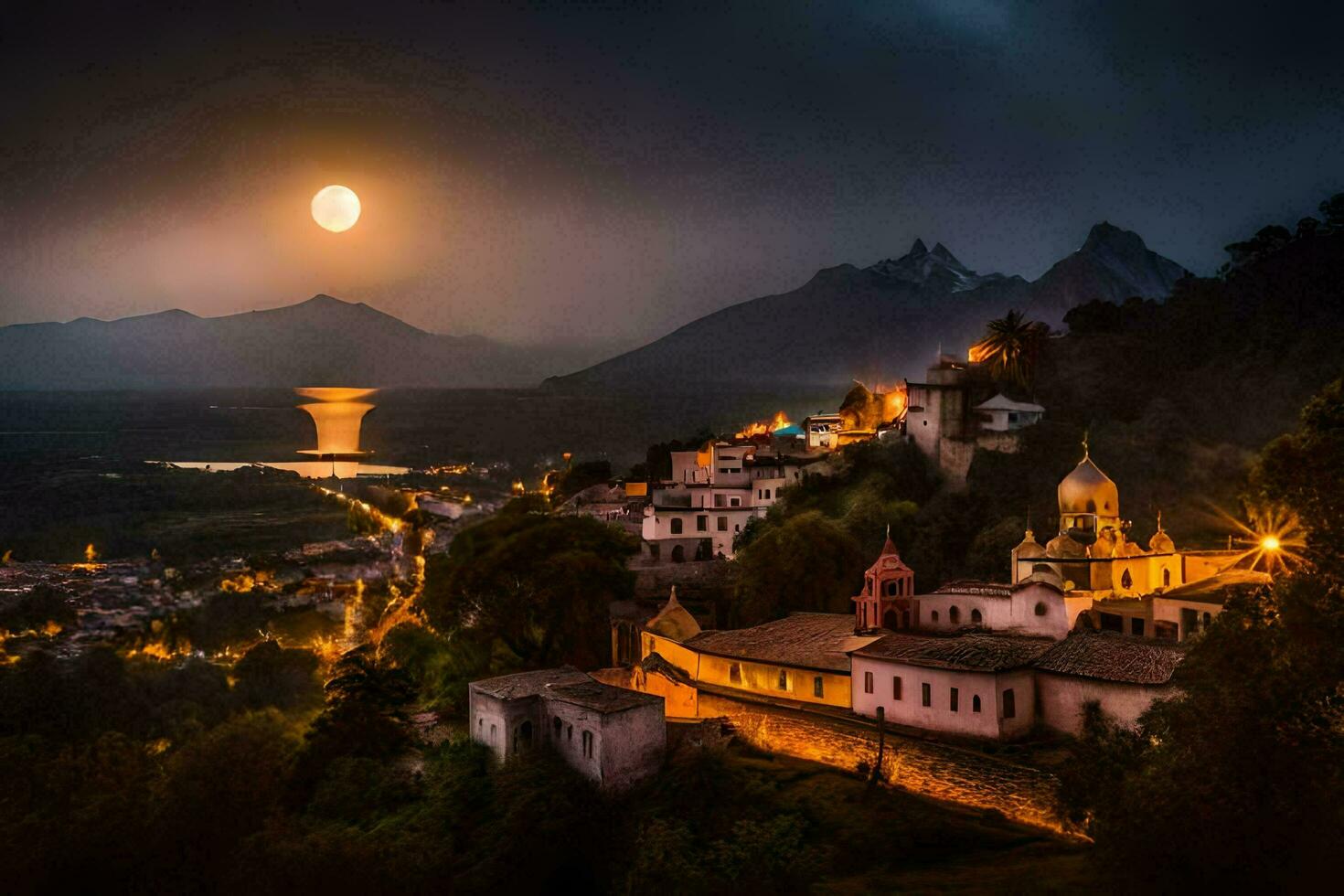 the moon shines brightly over a town on a hillside. AI-Generated photo