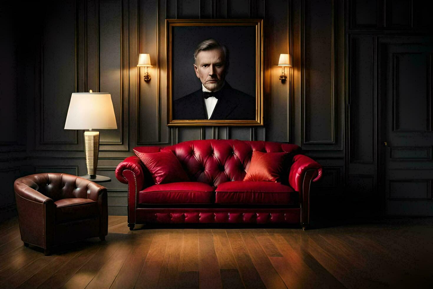 a red leather couch and a painting of a man. AI-Generated photo