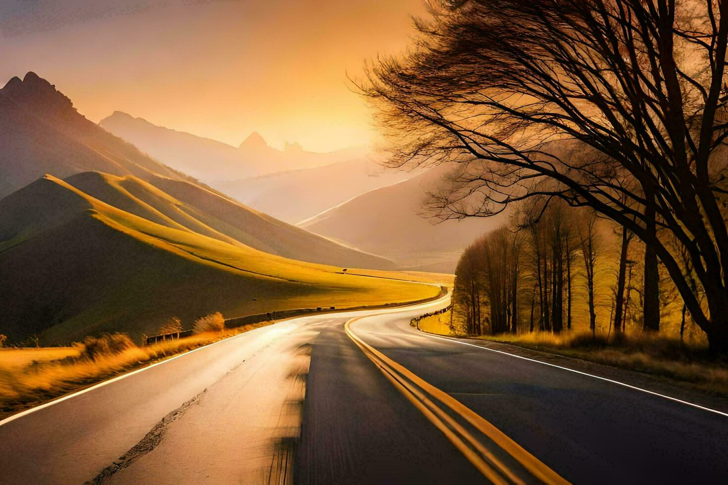 a road in the mountains with a tree in the foreground. AI-Generated photo