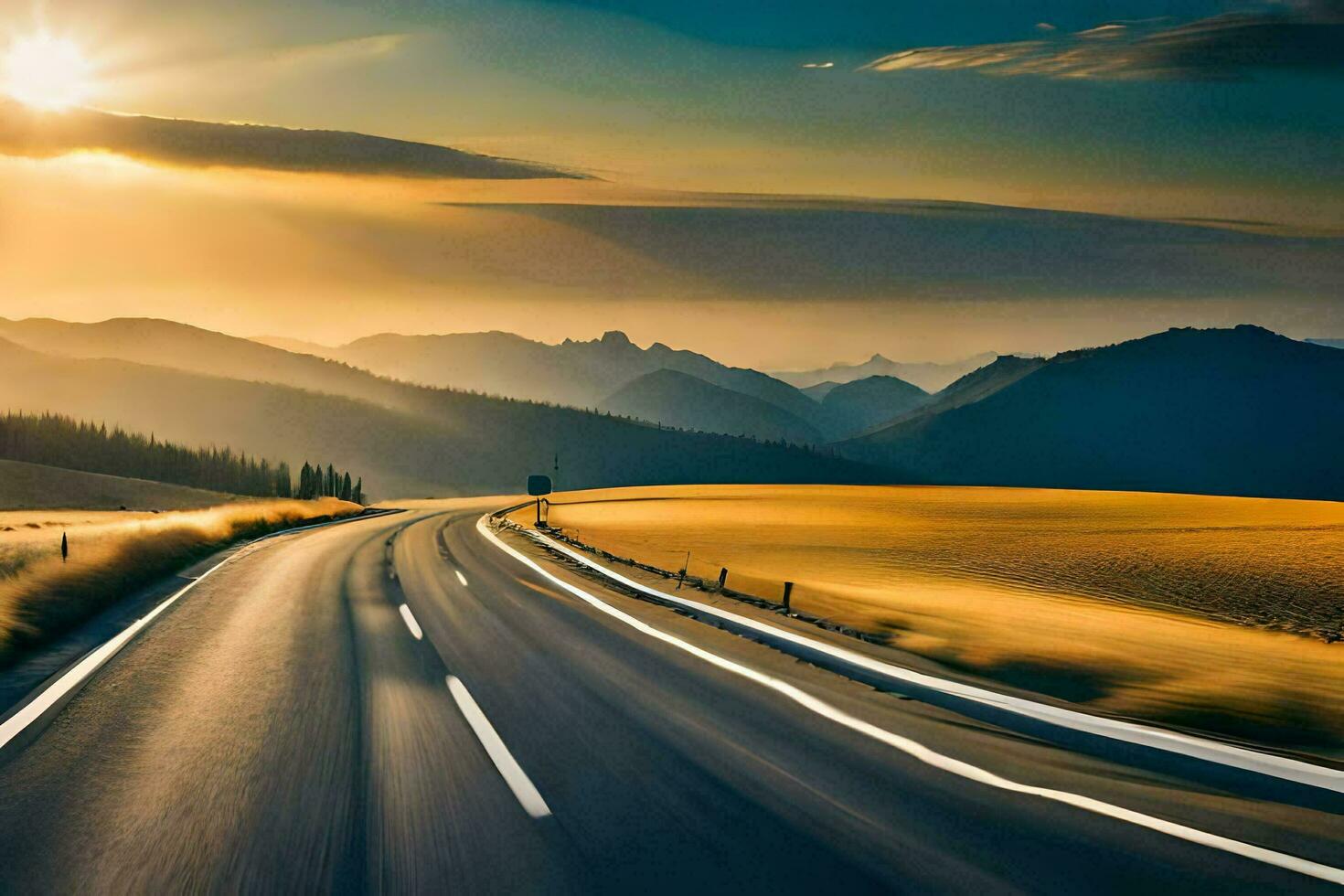 a long road with the sun setting behind it. AI-Generated photo