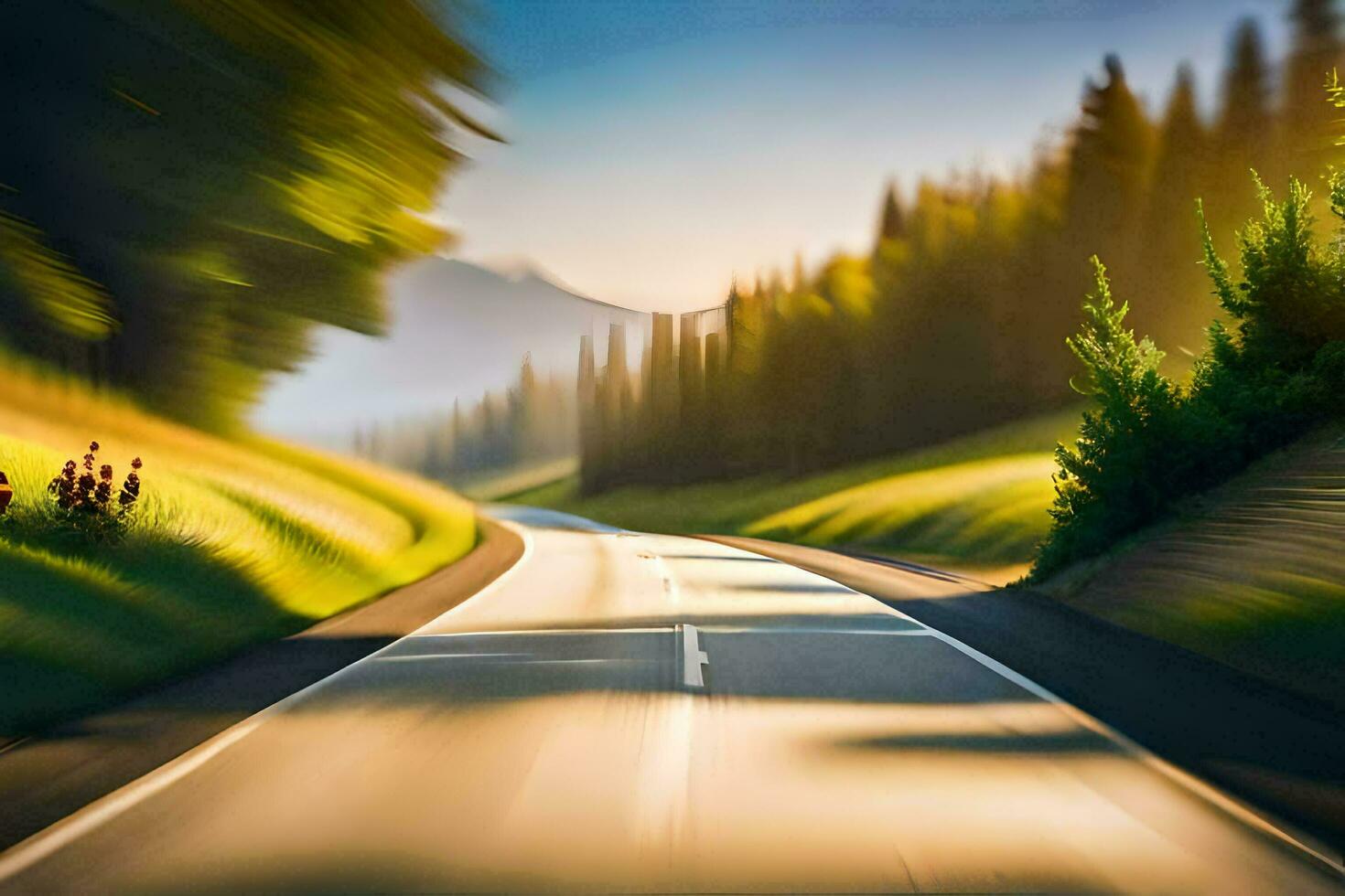 a blurry image of a road in the mountains. AI-Generated photo