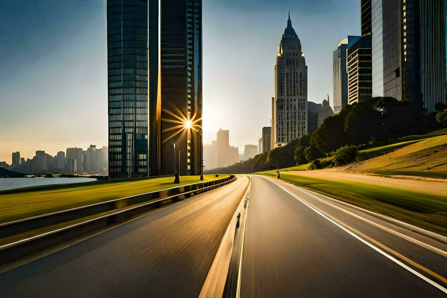 a highway with tall buildings in the background. AI-Generated photo