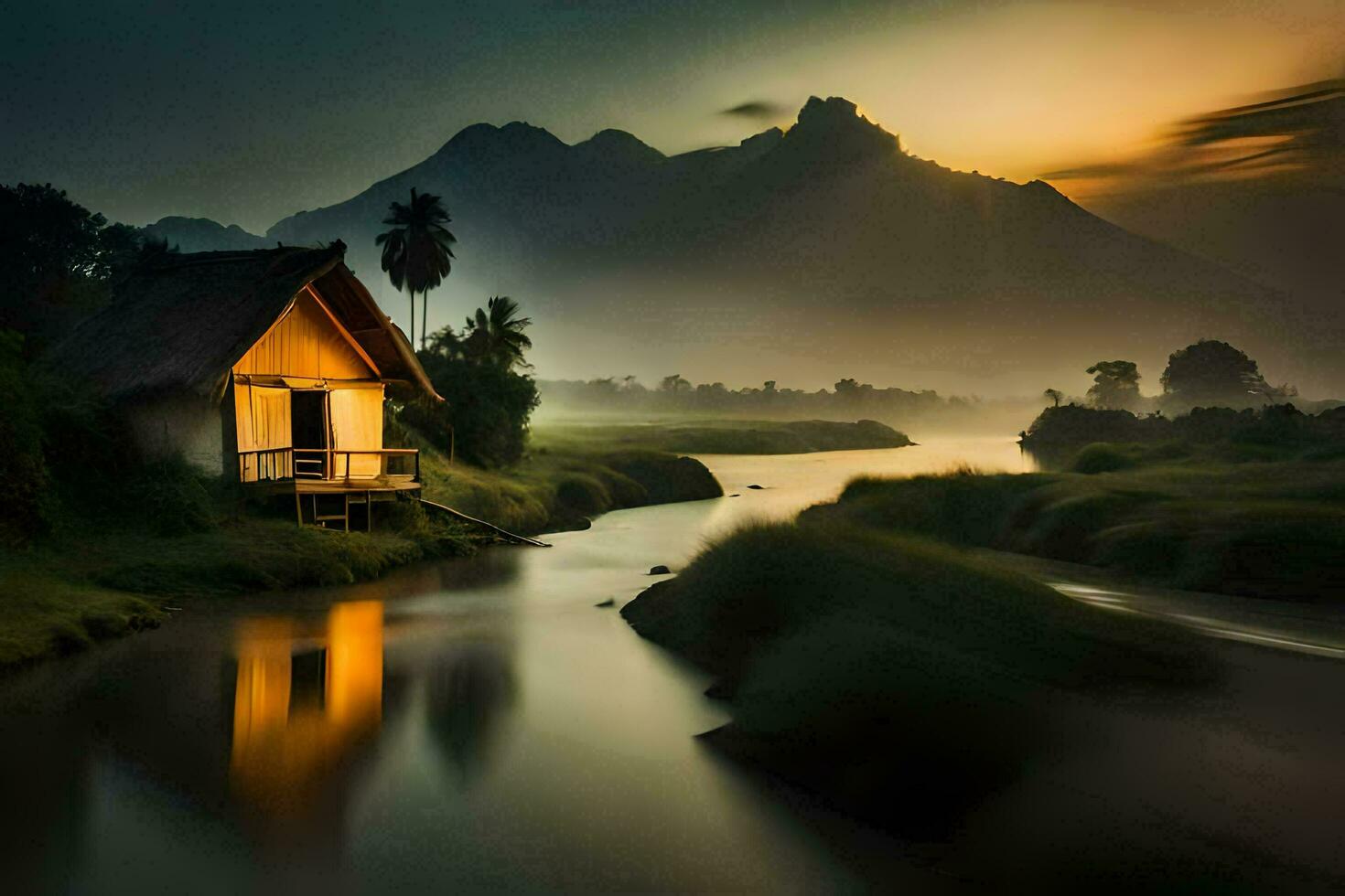 un pequeño casa se sienta en el banco de un río a puesta de sol. generado por ai foto