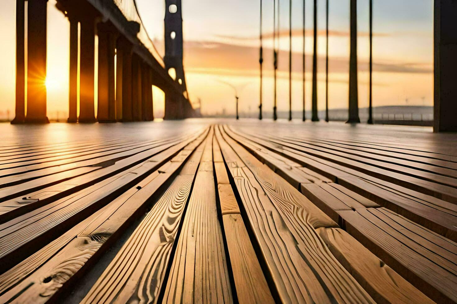 a long wooden walkway with the golden gate bridge in the background. AI-Generated photo