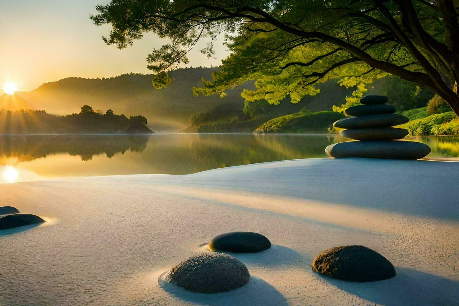 the sun rises over the water and stones in the sand. AI-Generated photo