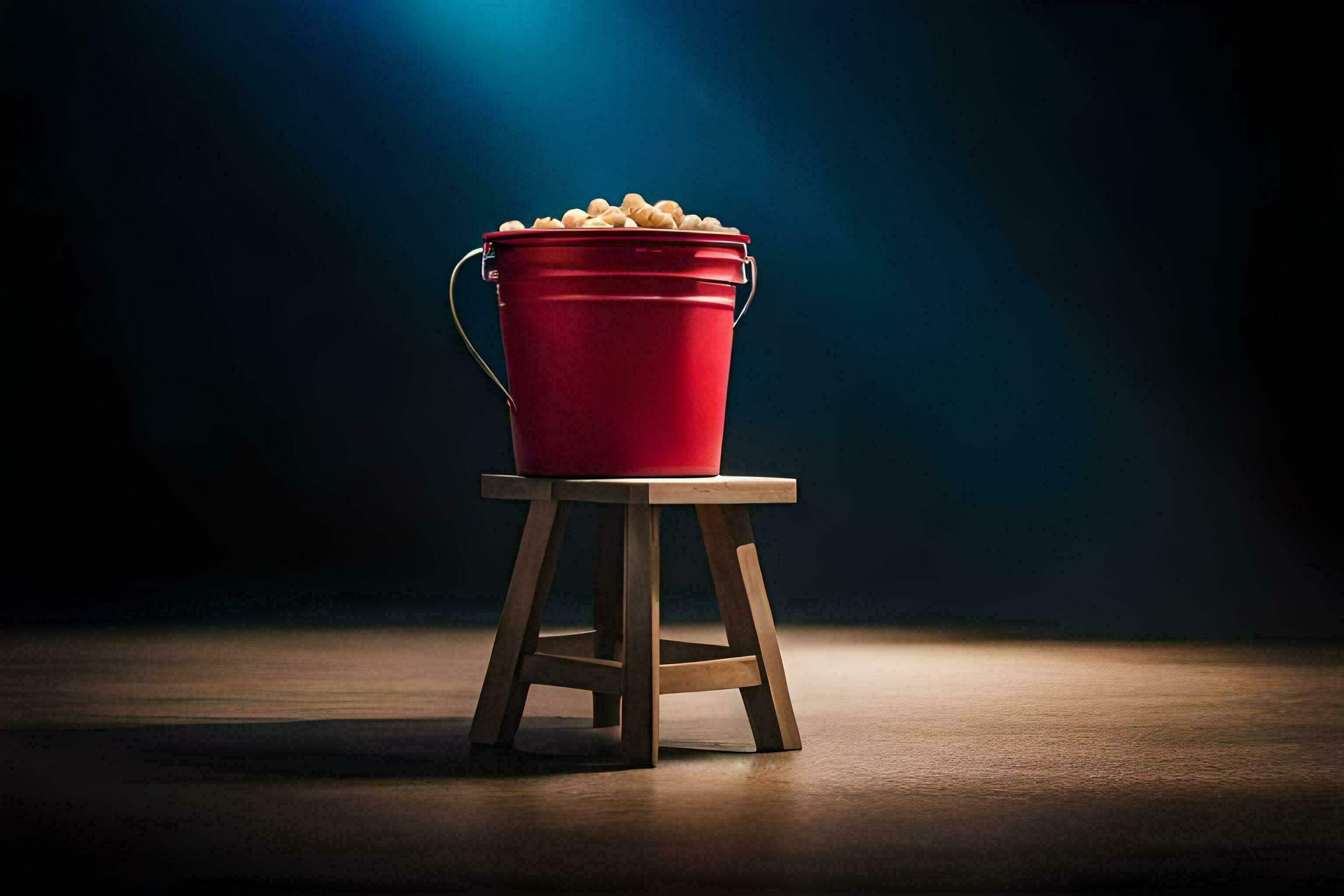 a bucket of popcorn on a stool. AIGenerated 32810634 Stock Photo at
