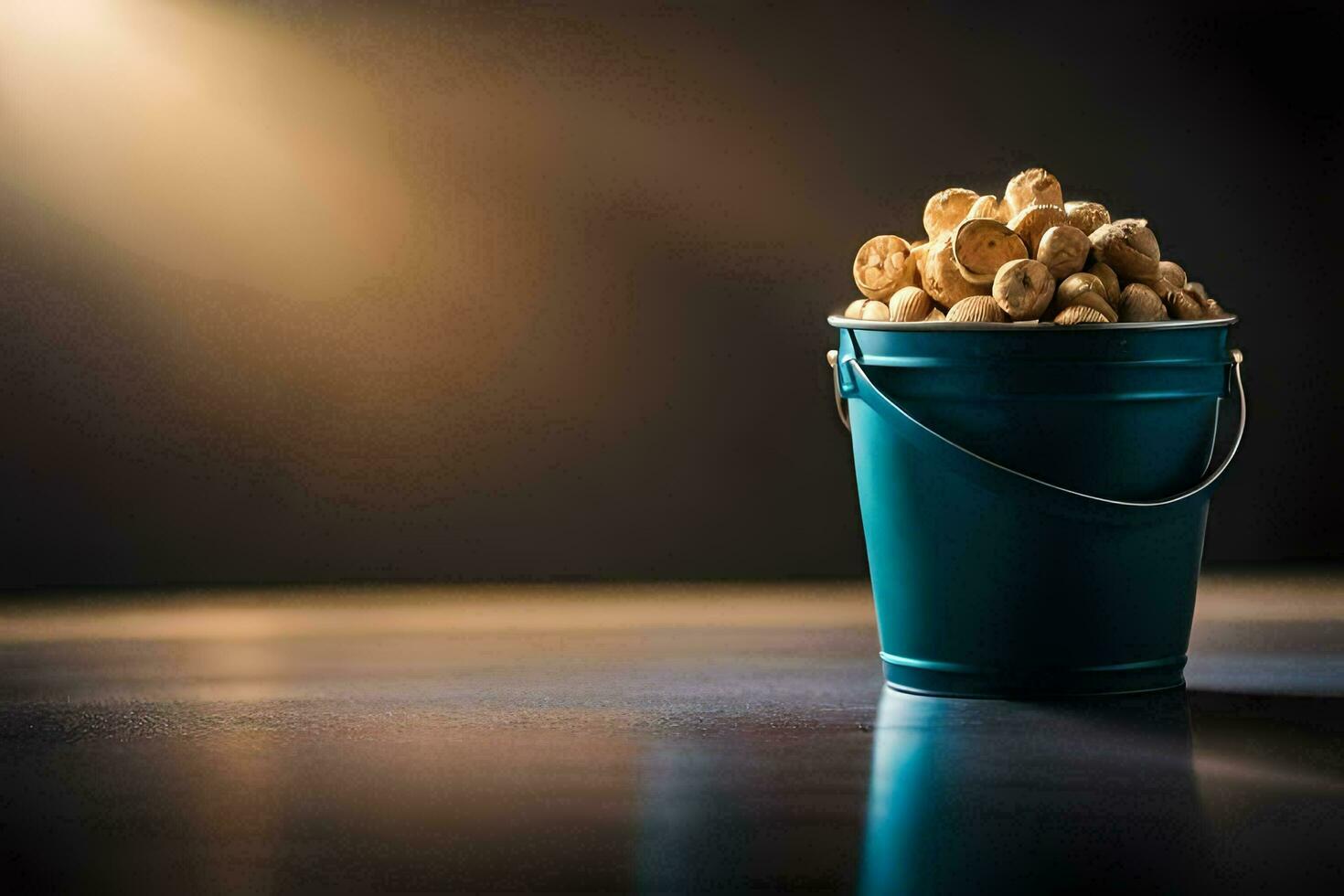 a bucket filled with peanuts on a table. AI-Generated photo