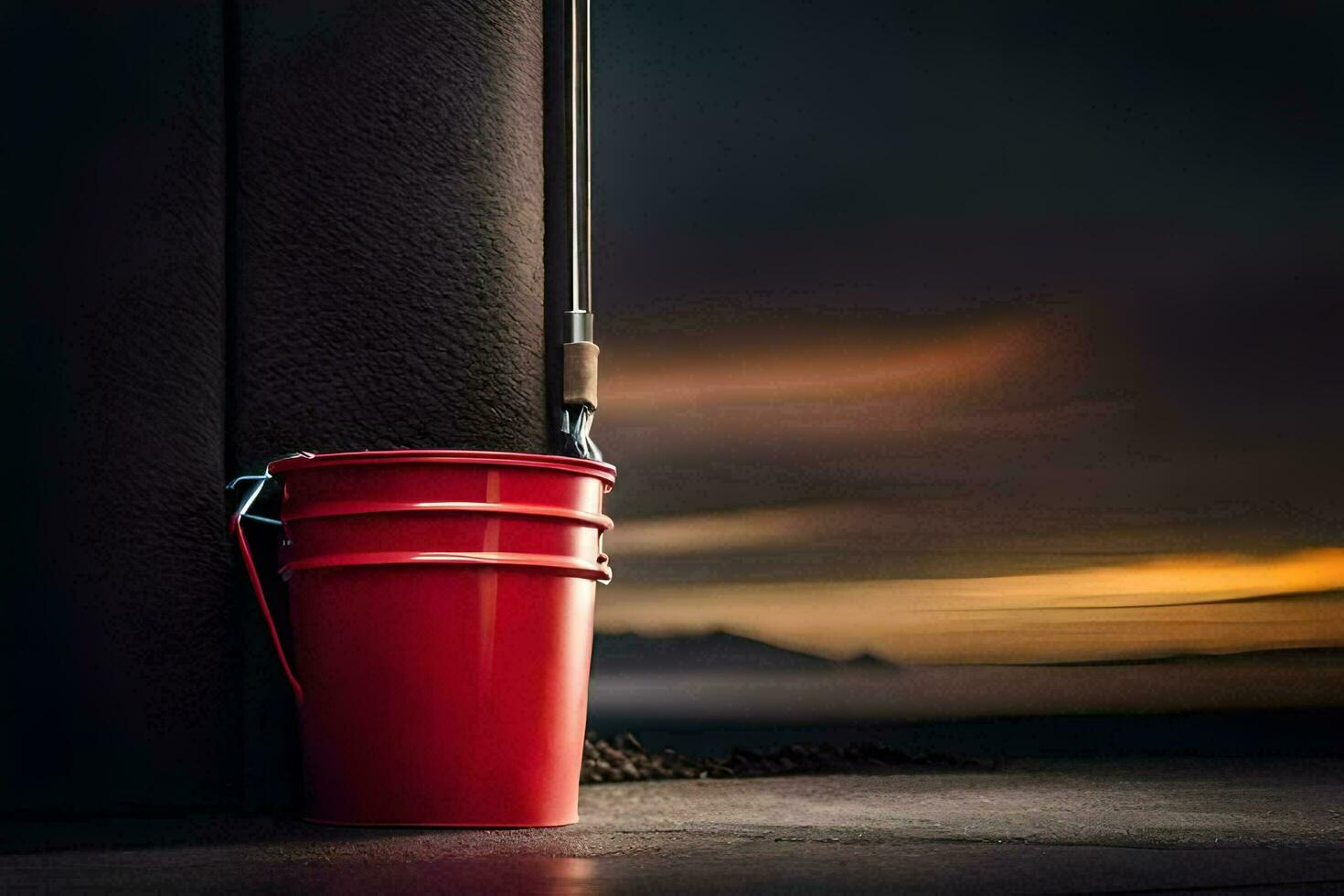 a red bucket leaning against a wall. AI-Generated photo