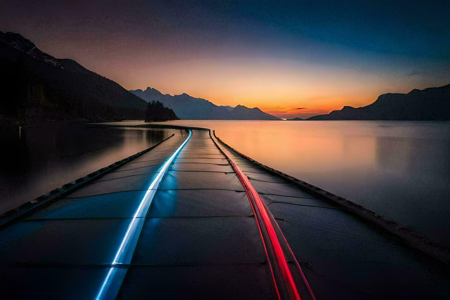 un largo exposición fotografía de un lago a puesta de sol. generado por ai foto