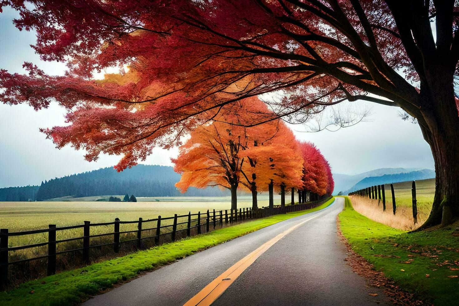 a road lined with trees and fall leaves. AI-Generated photo