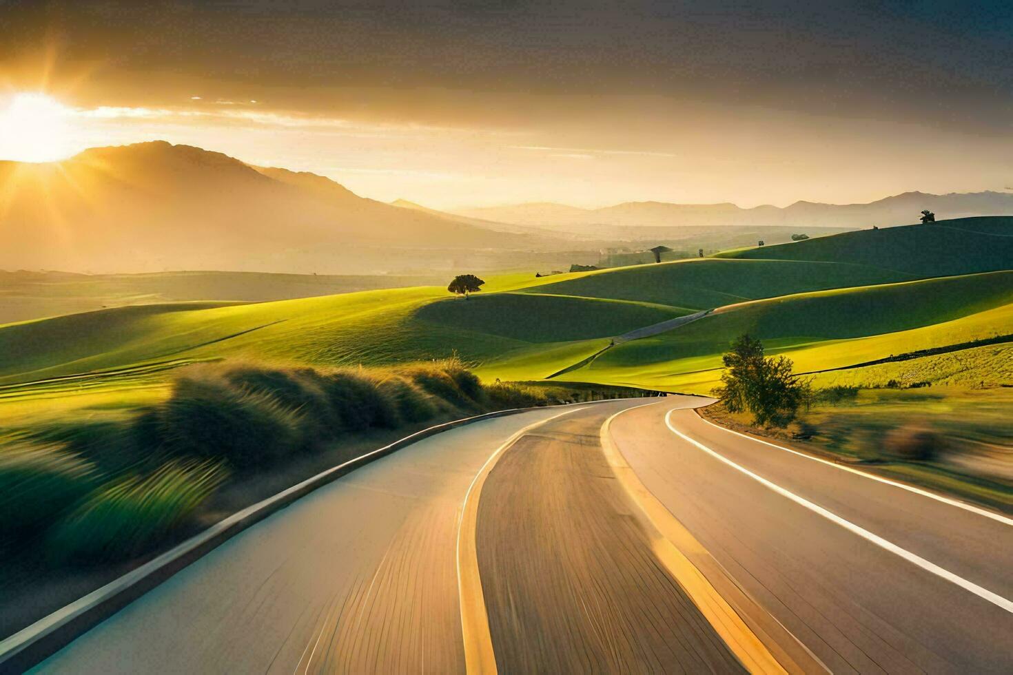 a road in the countryside with the sun setting. AI-Generated photo