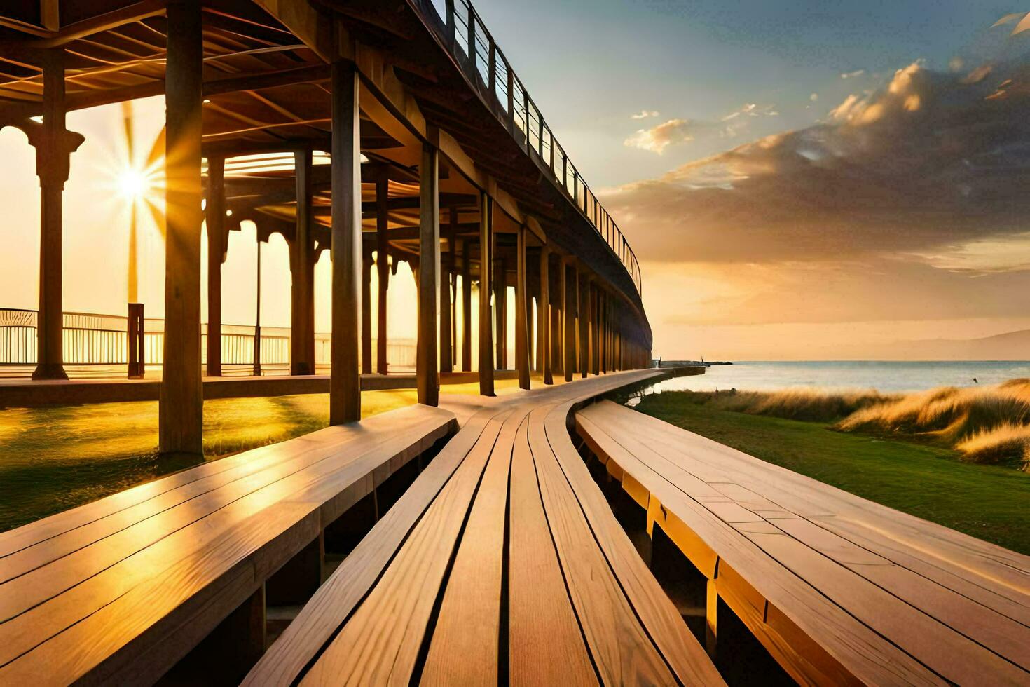 a wooden walkway leads to the ocean at sunset. AI-Generated photo