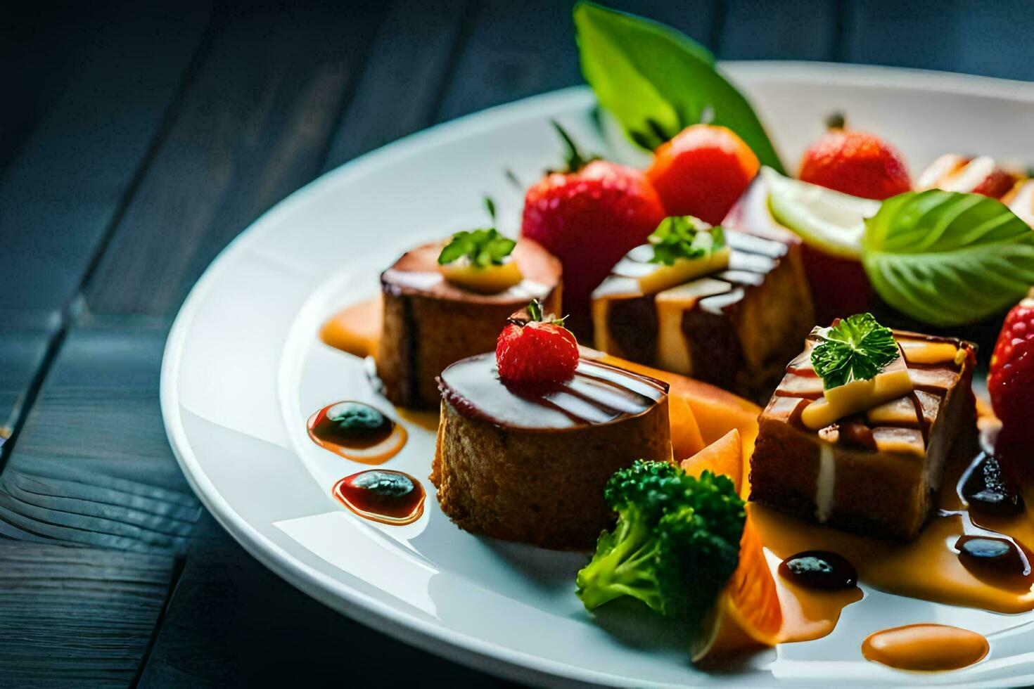 un plato de comida con fresas, fresas, y un rebanada de pastel. generado por ai foto