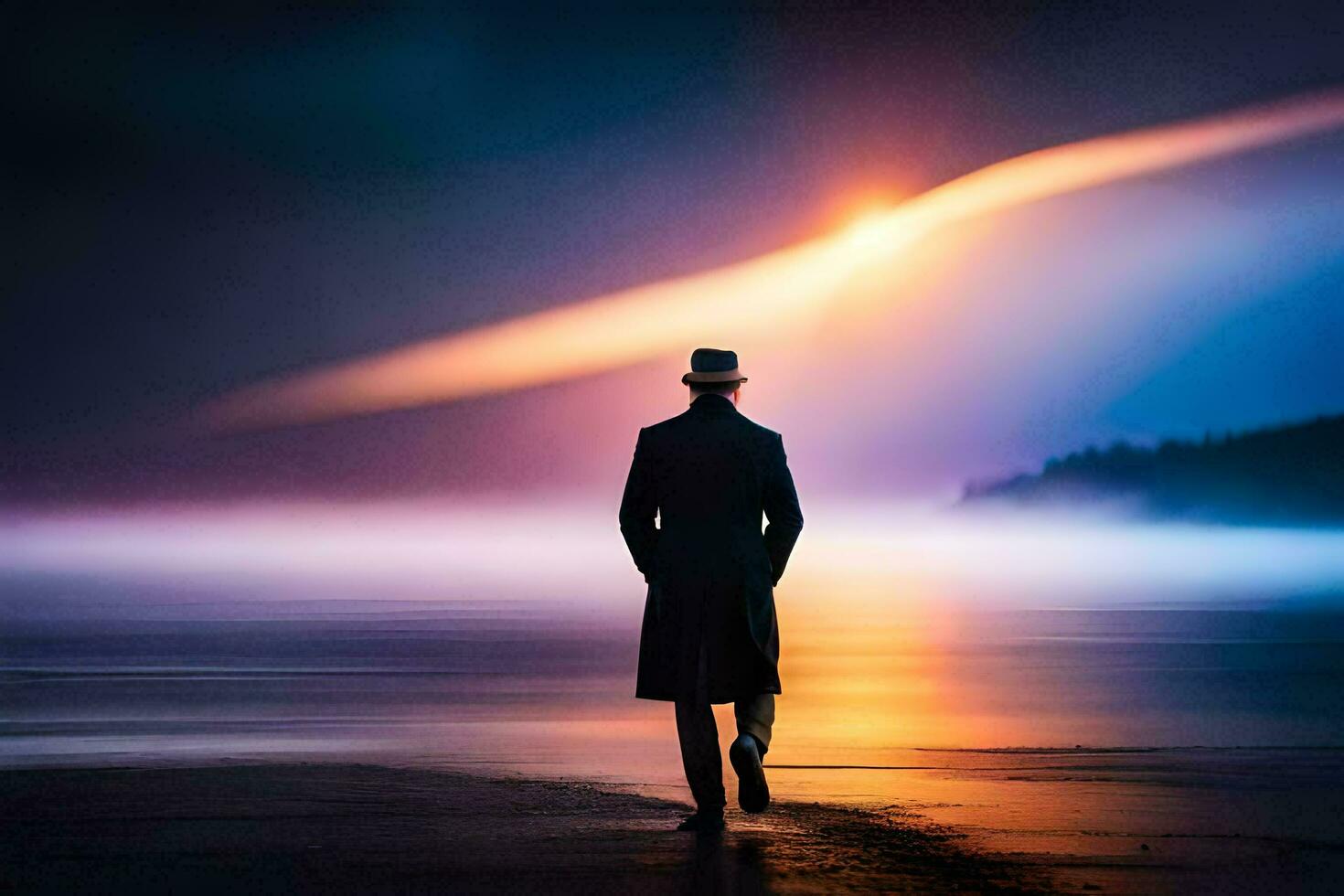 un hombre en un sombrero y Saco caminando a lo largo el playa a puesta de sol. generado por ai foto