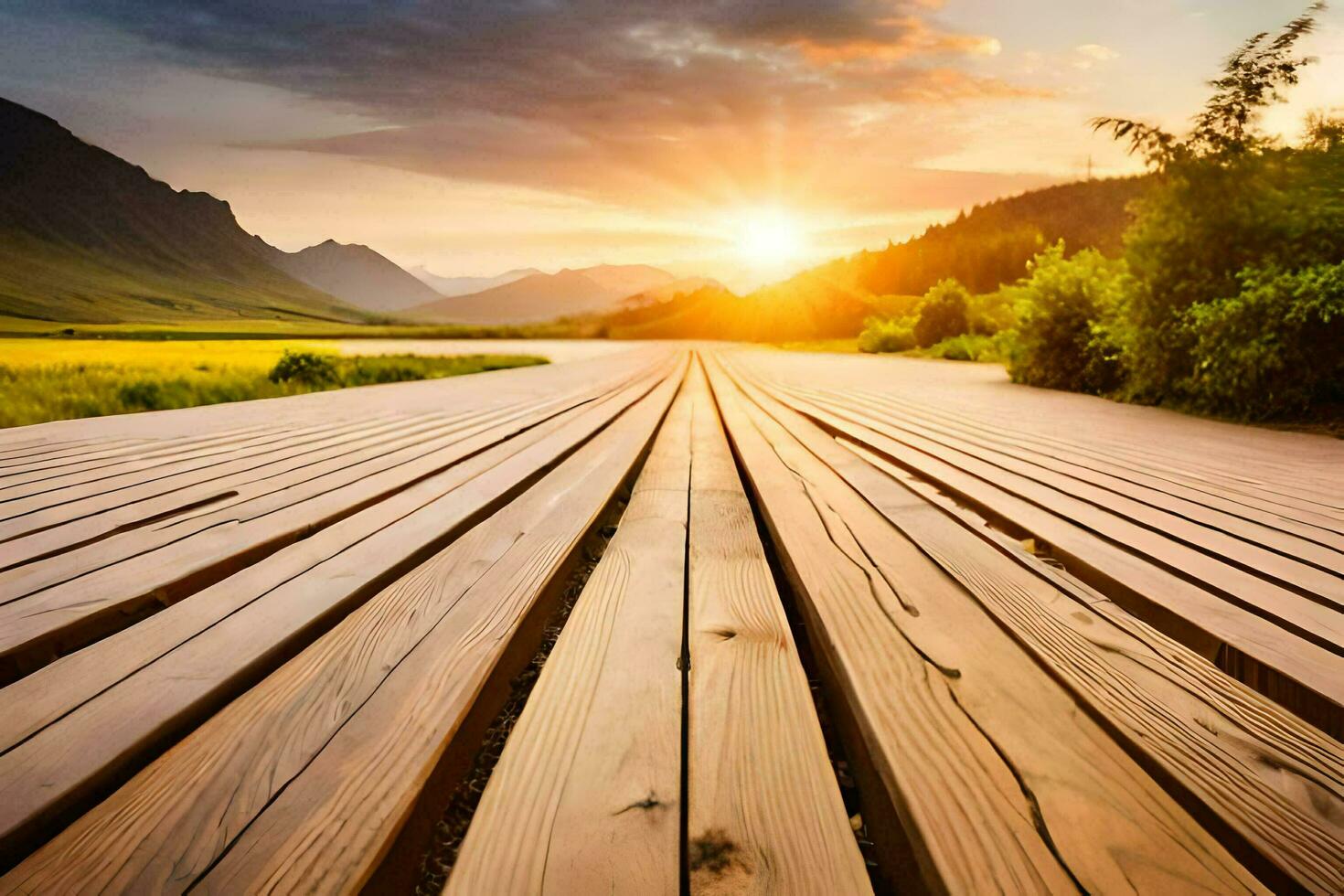a wooden boardwalk leading to the sun. AI-Generated photo