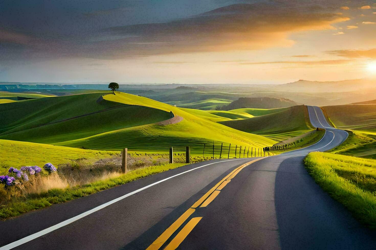 a road winding through the hills at sunset. AI-Generated photo