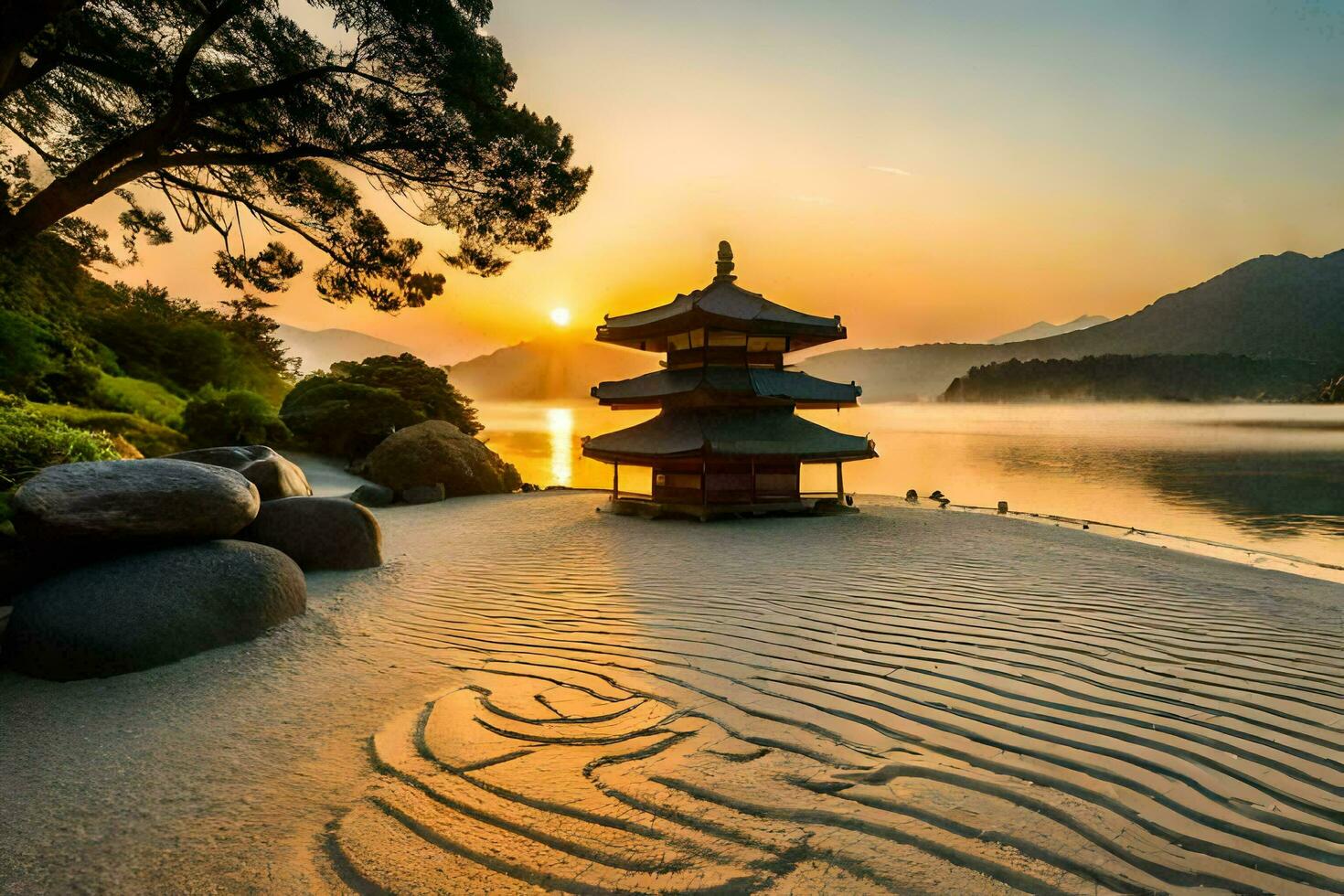 a pagoda sits on the sand at sunset. AI-Generated photo