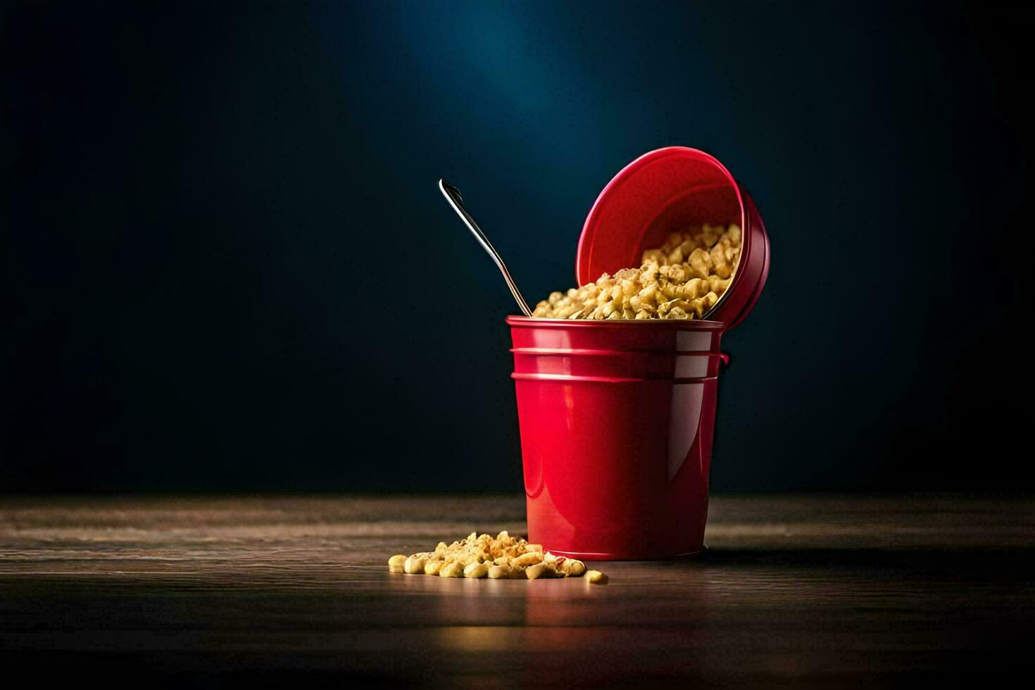 corn kernels in a red bucket on a dark wooden table. AI-Generated photo