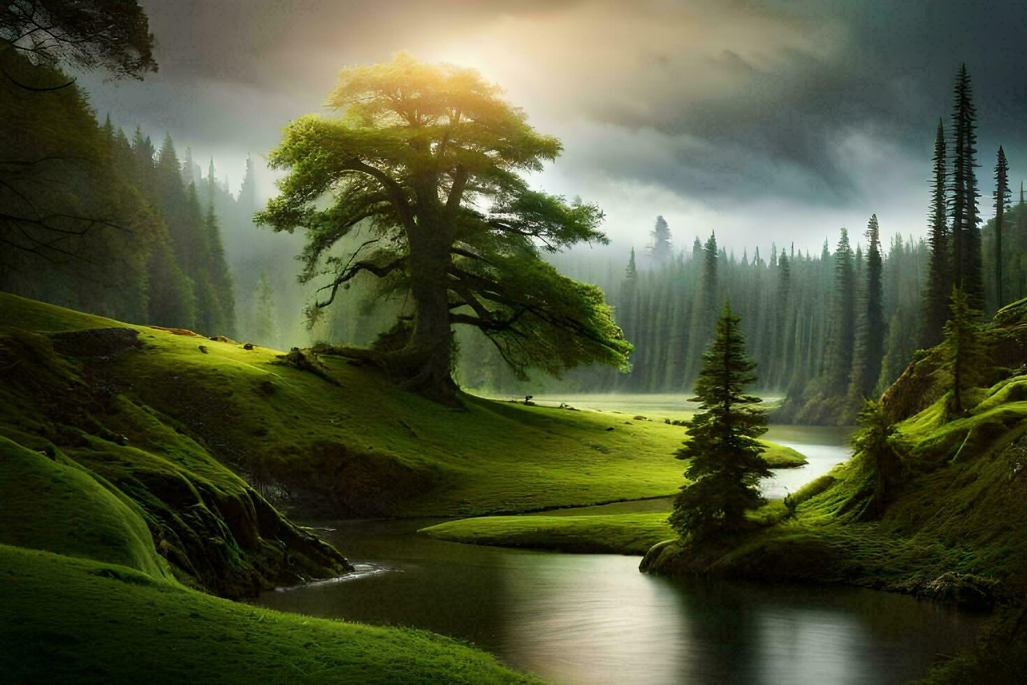 a tree is standing in the middle of a river. AI-Generated photo