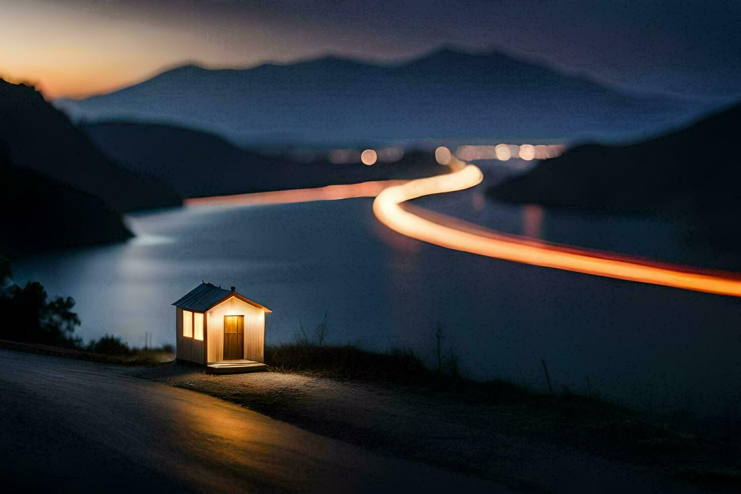 a small house sits on the side of a road with a long exposure. AI-Generated photo