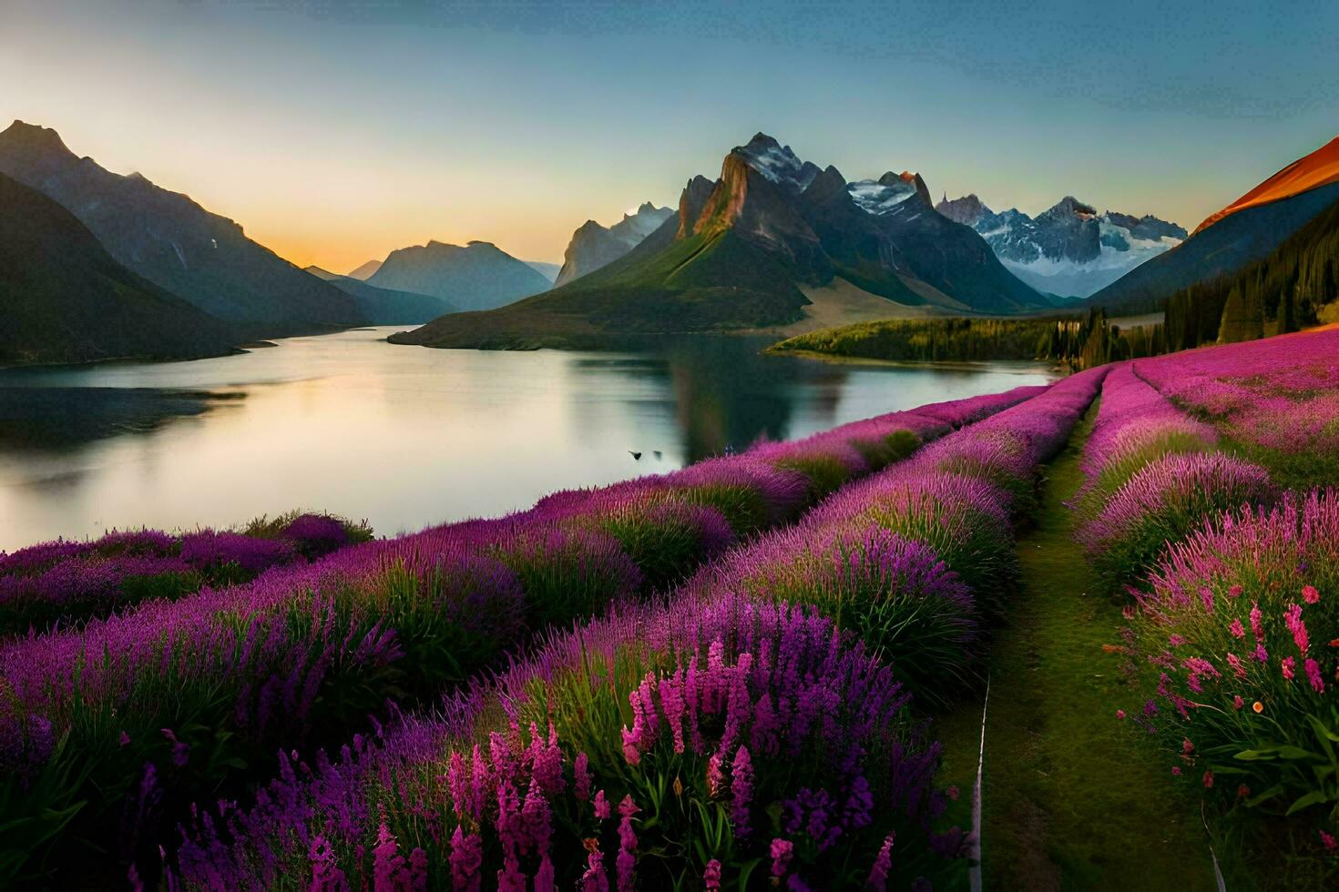 a lake and purple flowers in front of mountains. AI-Generated photo