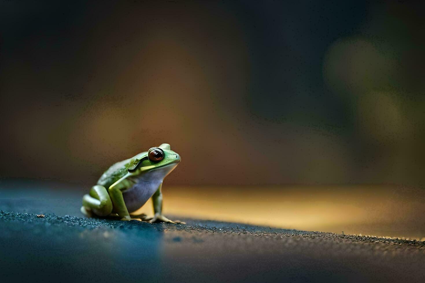 a frog sitting on the ground in the dark. AI-Generated photo