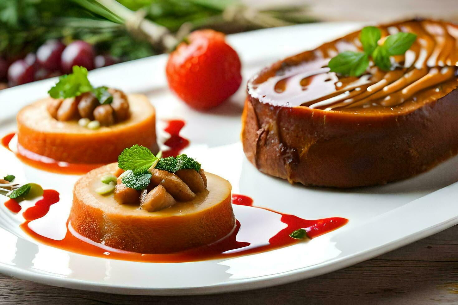 a plate with food on it and a glass of wine. AI-Generated photo