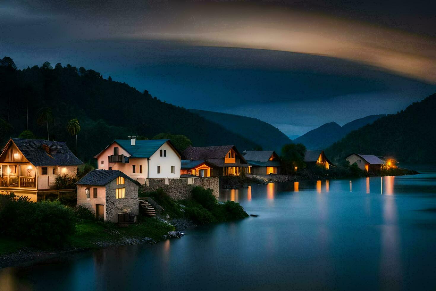 photo wallpaper the sky, clouds, mountains, lake, houses, the dark, night, the. AI-Generated