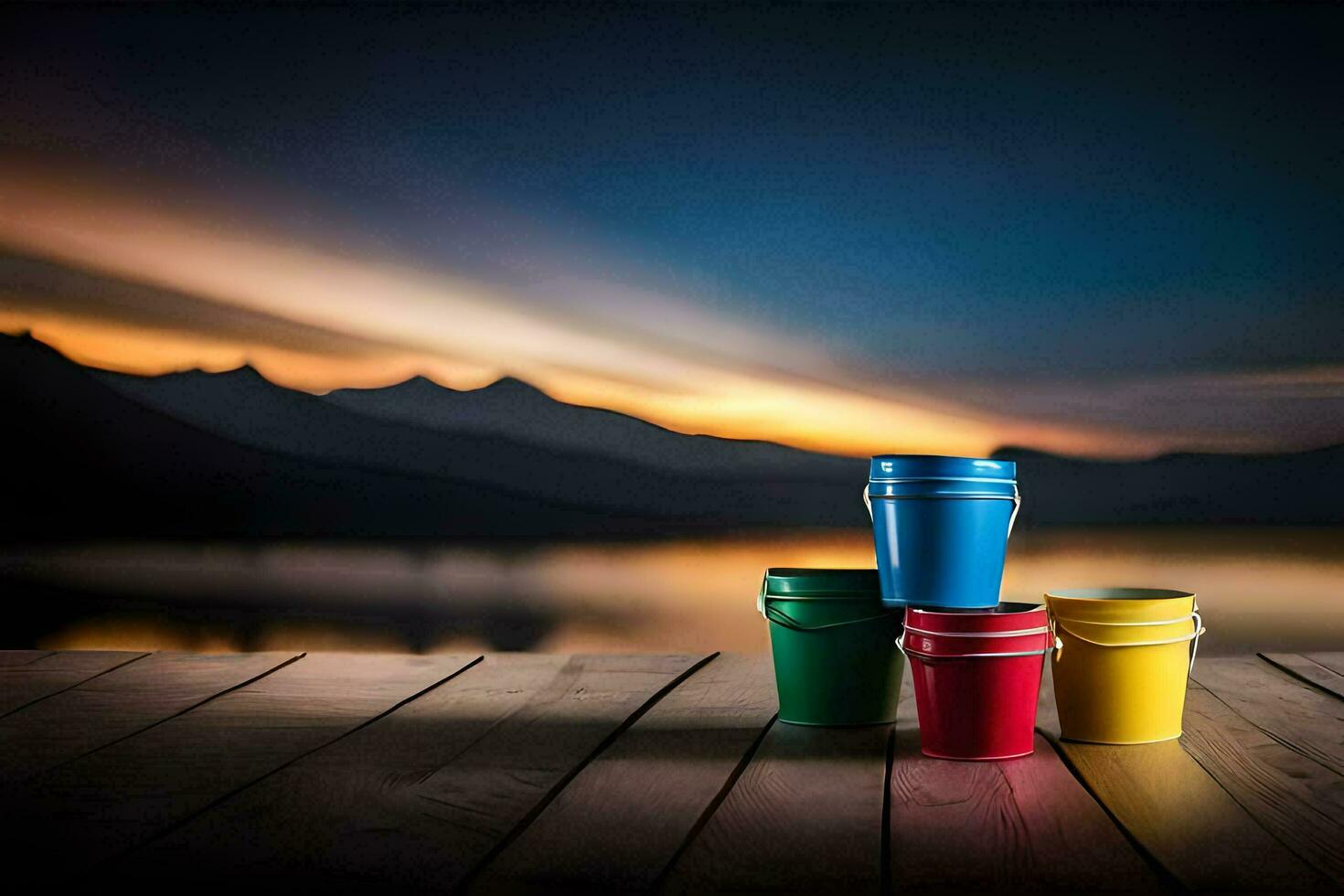 colorful buckets on a wooden deck with mountains in the background. AI-Generated photo