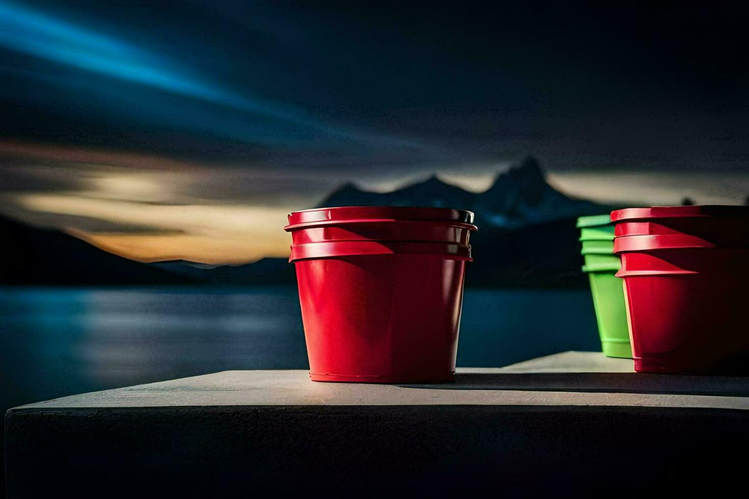 two red cups sitting on a ledge overlooking a lake. AI-Generated photo
