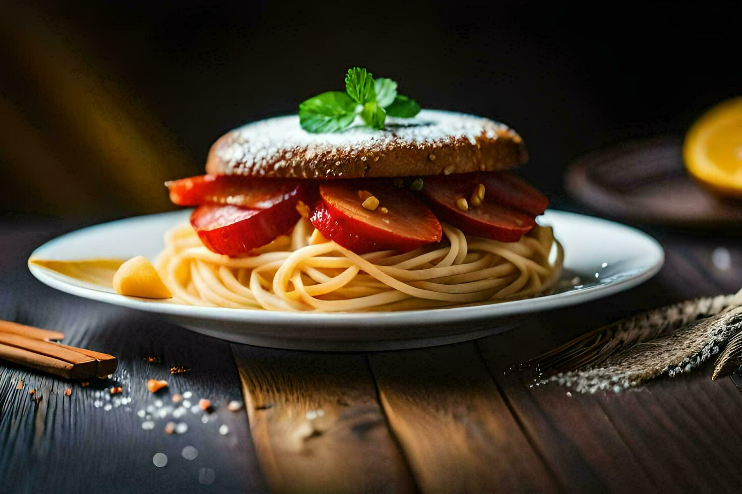 a plate with spaghetti and meat on it. AI-Generated photo