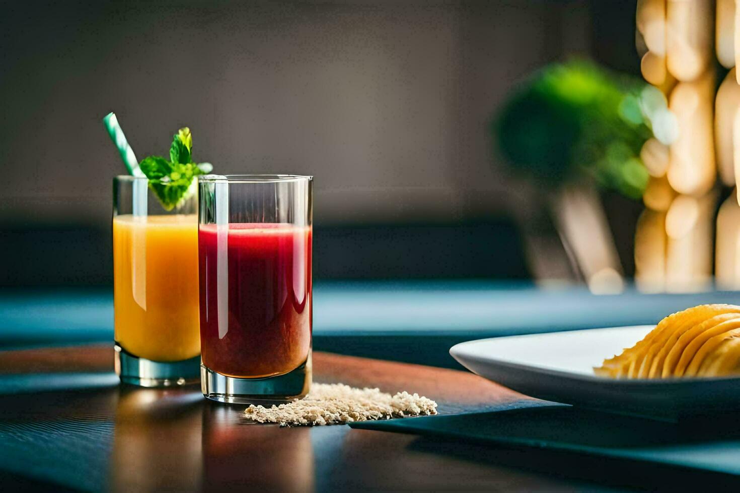 dos lentes de jugo sentar en un mesa siguiente a un plato de papas fritas. generado por ai foto