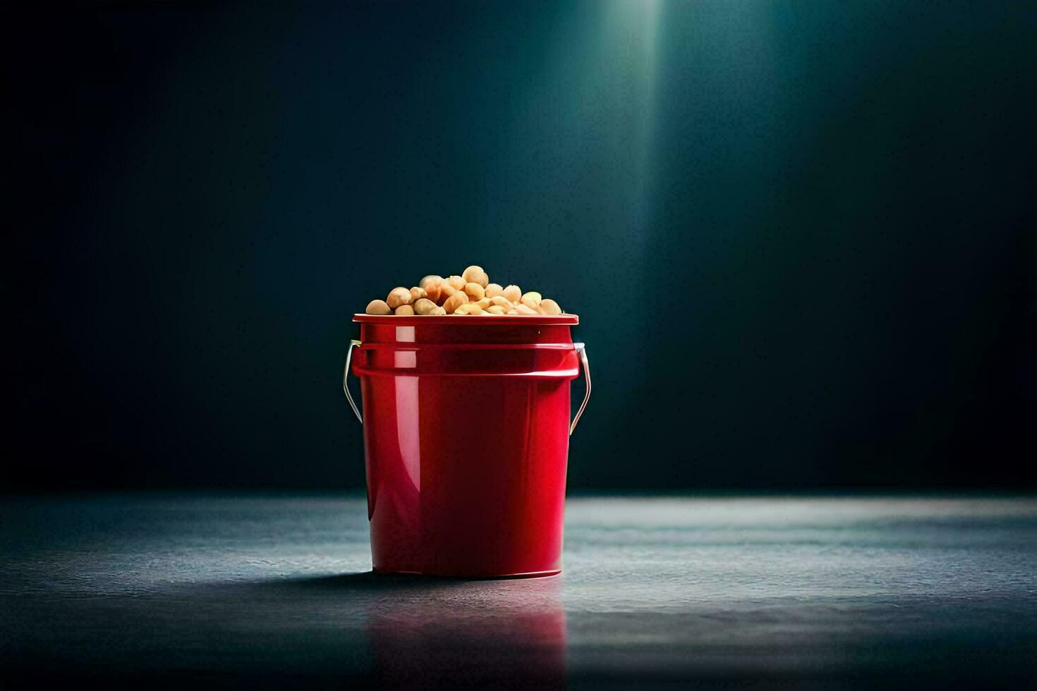 a red bucket filled with peanuts on a dark surface. AI-Generated photo