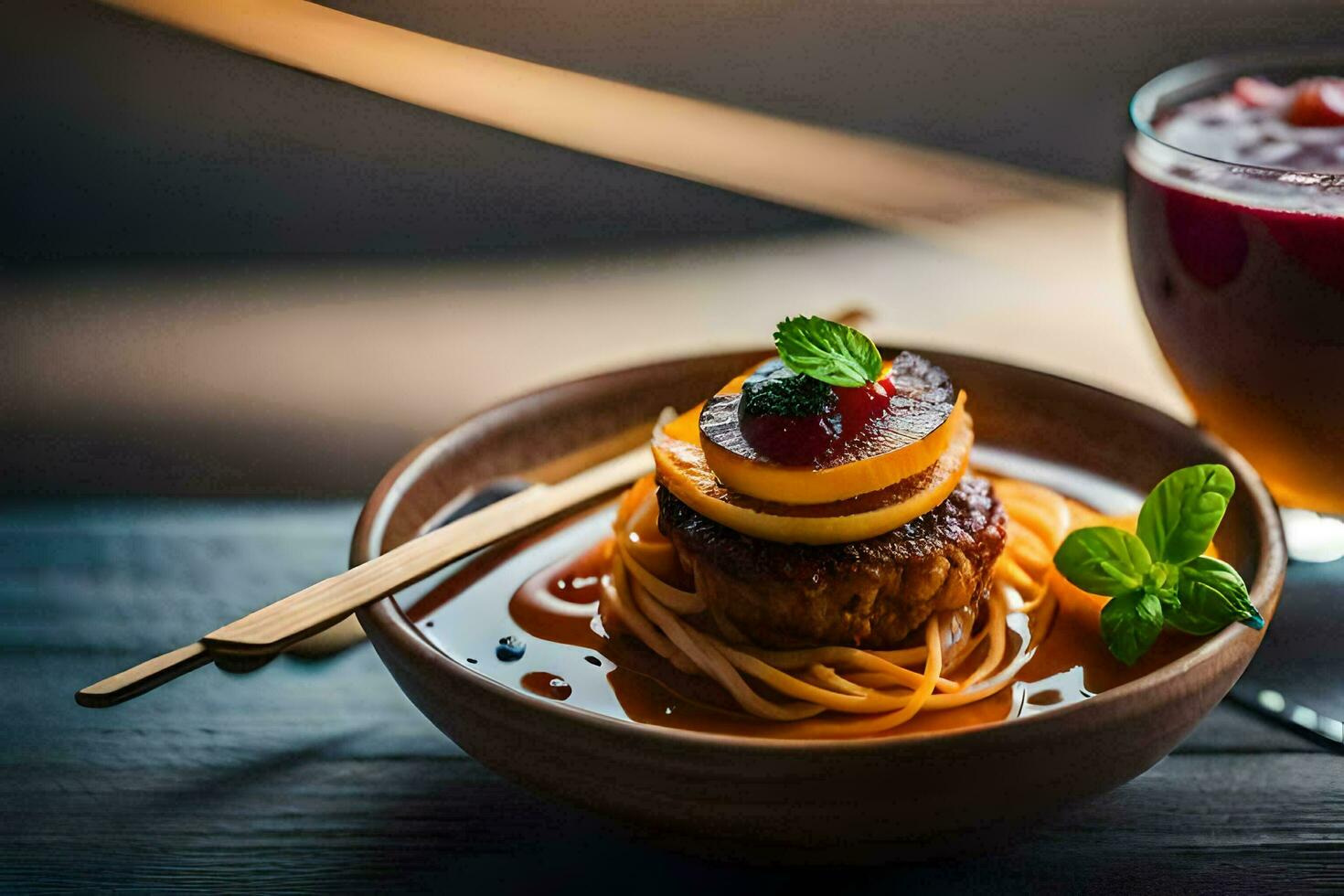 a bowl of spaghetti with meatballs and a drink. AI-Generated photo
