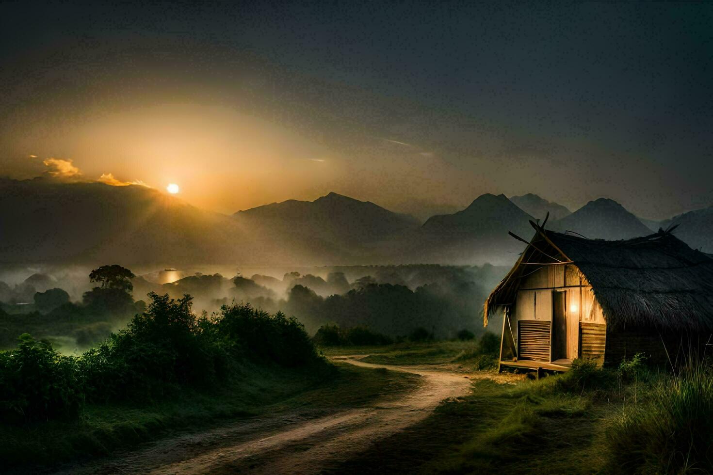 the sun rises over the mountains in the background. AI-Generated photo