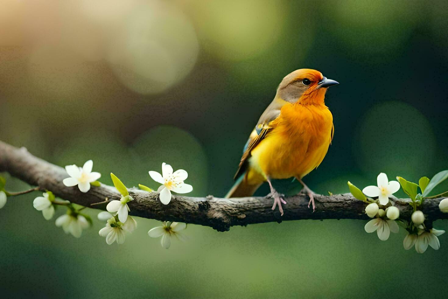 a bird sits on a branch with flowers. AI-Generated photo