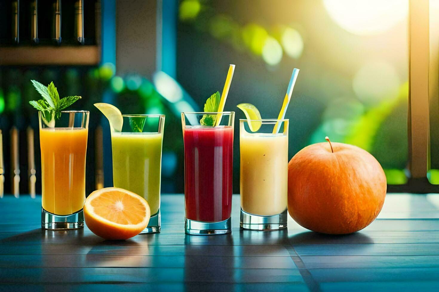 five different types of juices on a table. AIGenerated 32812049 Stock