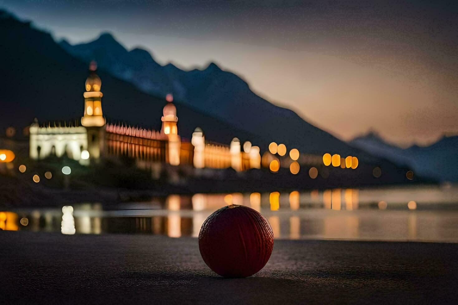 a red ball sits on the ground in front of a lake. AI-Generated photo