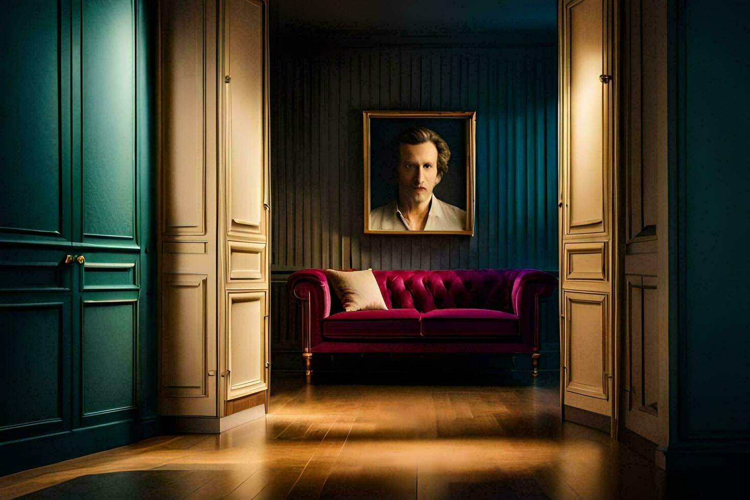 a room with a purple couch and a painting. AI-Generated photo