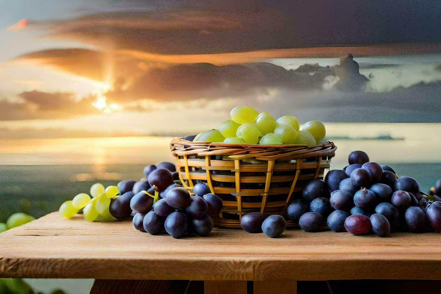 grapes in a basket on a table with a sunset in the background. AI-Generated photo
