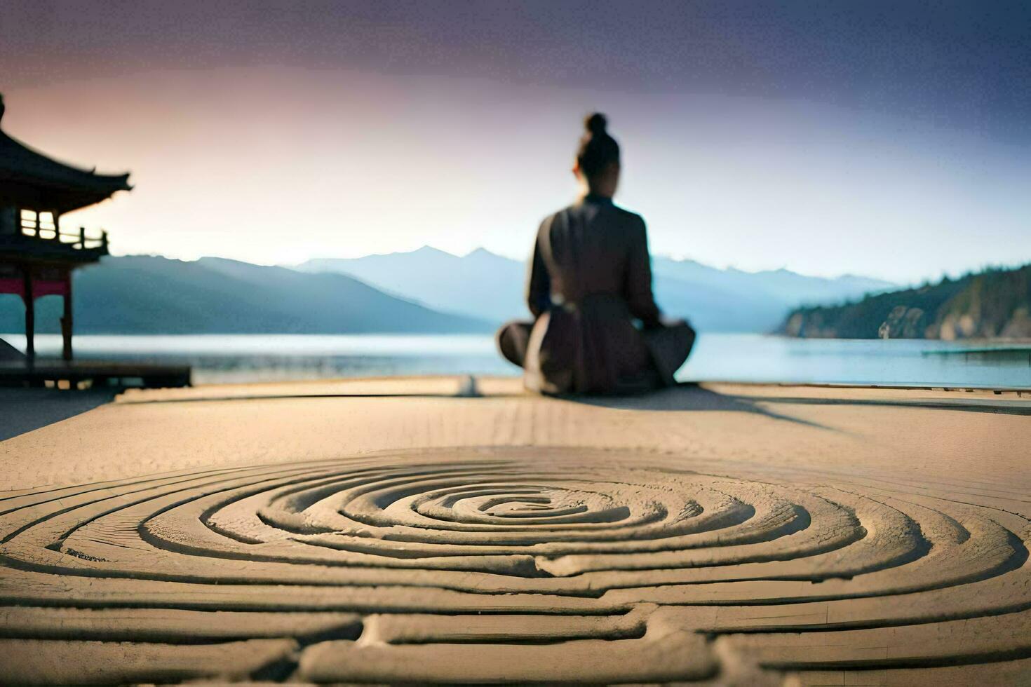 a woman meditating in front of a spiral pattern. AI-Generated photo