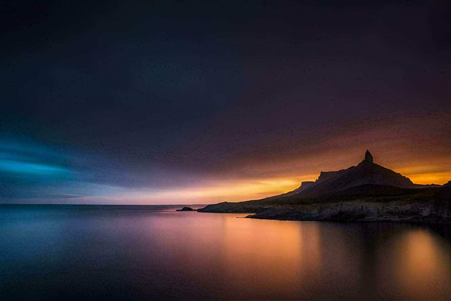 the sun sets over the ocean and a mountain. AI-Generated photo