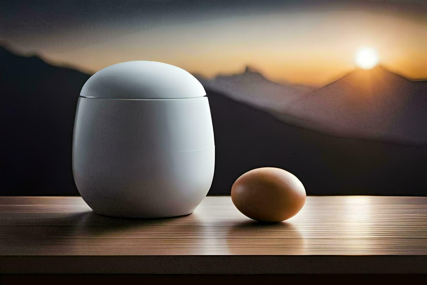 an egg and a white container sitting on a table. AI-Generated photo
