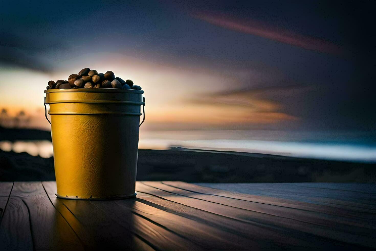 a bucket of nuts on a wooden table in front of the ocean. AI-Generated photo
