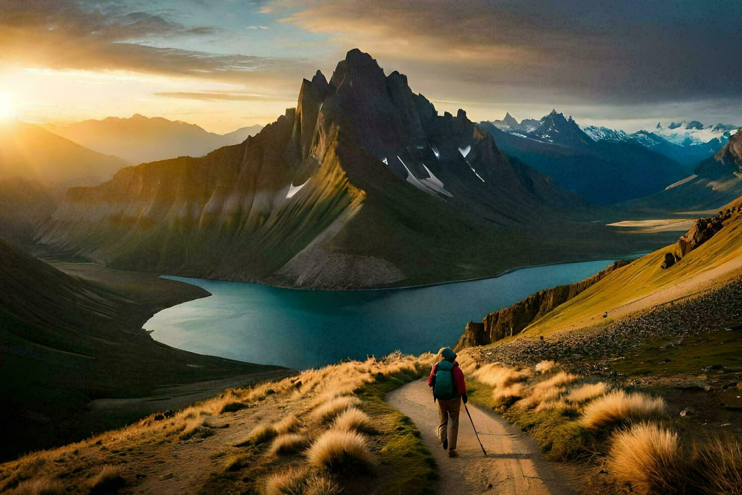 the man is walking on the path in the mountains. AI-Generated photo
