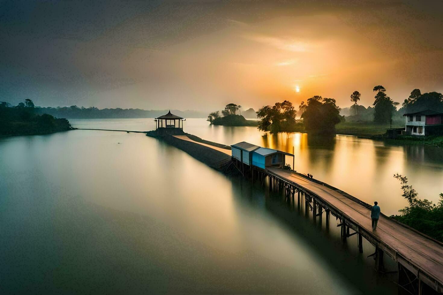 a long exposure photograph of a bridge over a river. AI-Generated photo