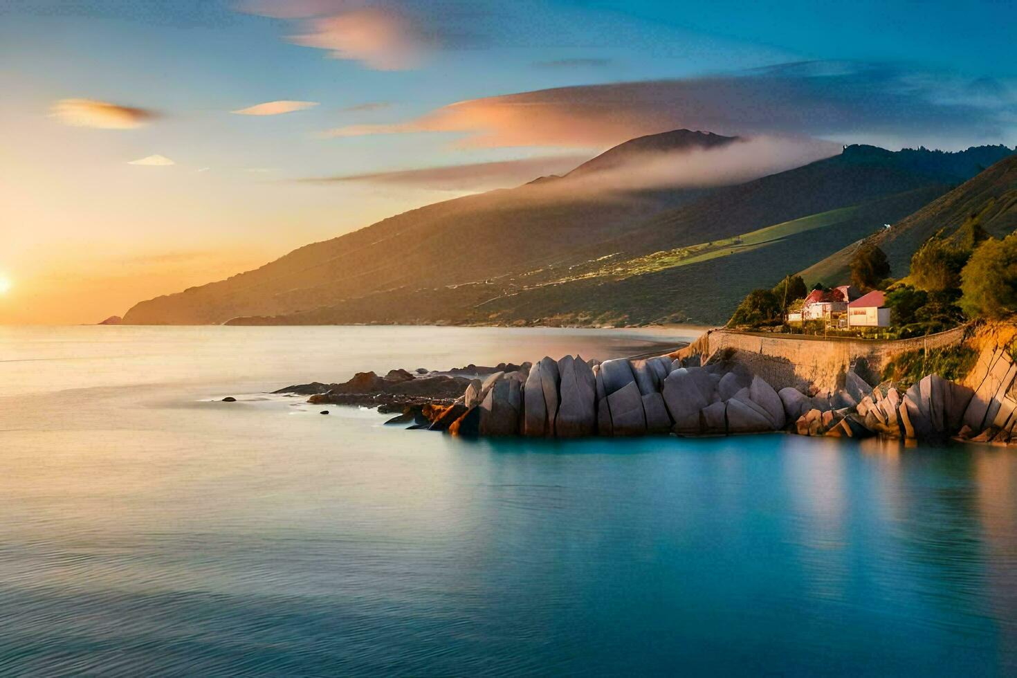 un casa en el costa de un lago a puesta de sol. generado por ai foto